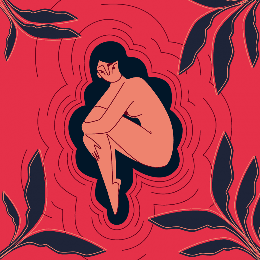 Vibrations: Intimate vector illustration of woman in fetal position in pink sea, exploring women's mental health and femininity by Monsie.