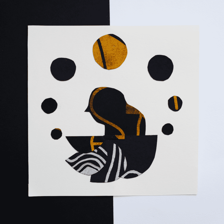 A collage created with black paper covered with gold foil, the image depicts a woman with 7 moons by Monsie illustration Monika Jurczyk