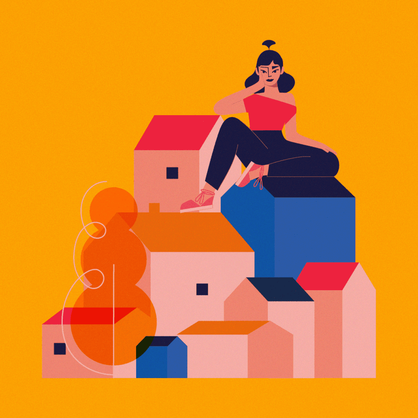 Stay home! Editorial illustration of a woman sitting on colorful houses during the COVID-19 lockdown.