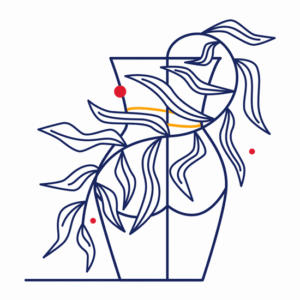 A set of three delicate line illustrations showcasing a hand holding a plant, a vase adorned with leafy greens, and a female head wearing a hat embellished with a flower.