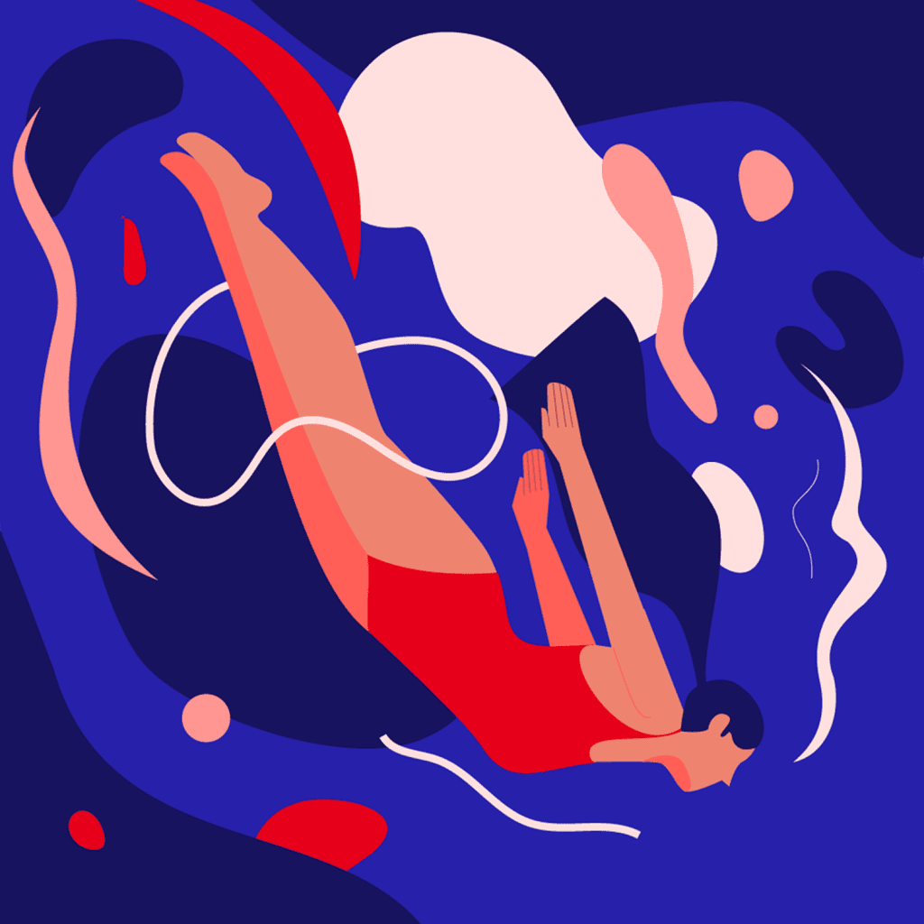 Woman jumping into the unknown, to a creative mess full of different shapes and colors
