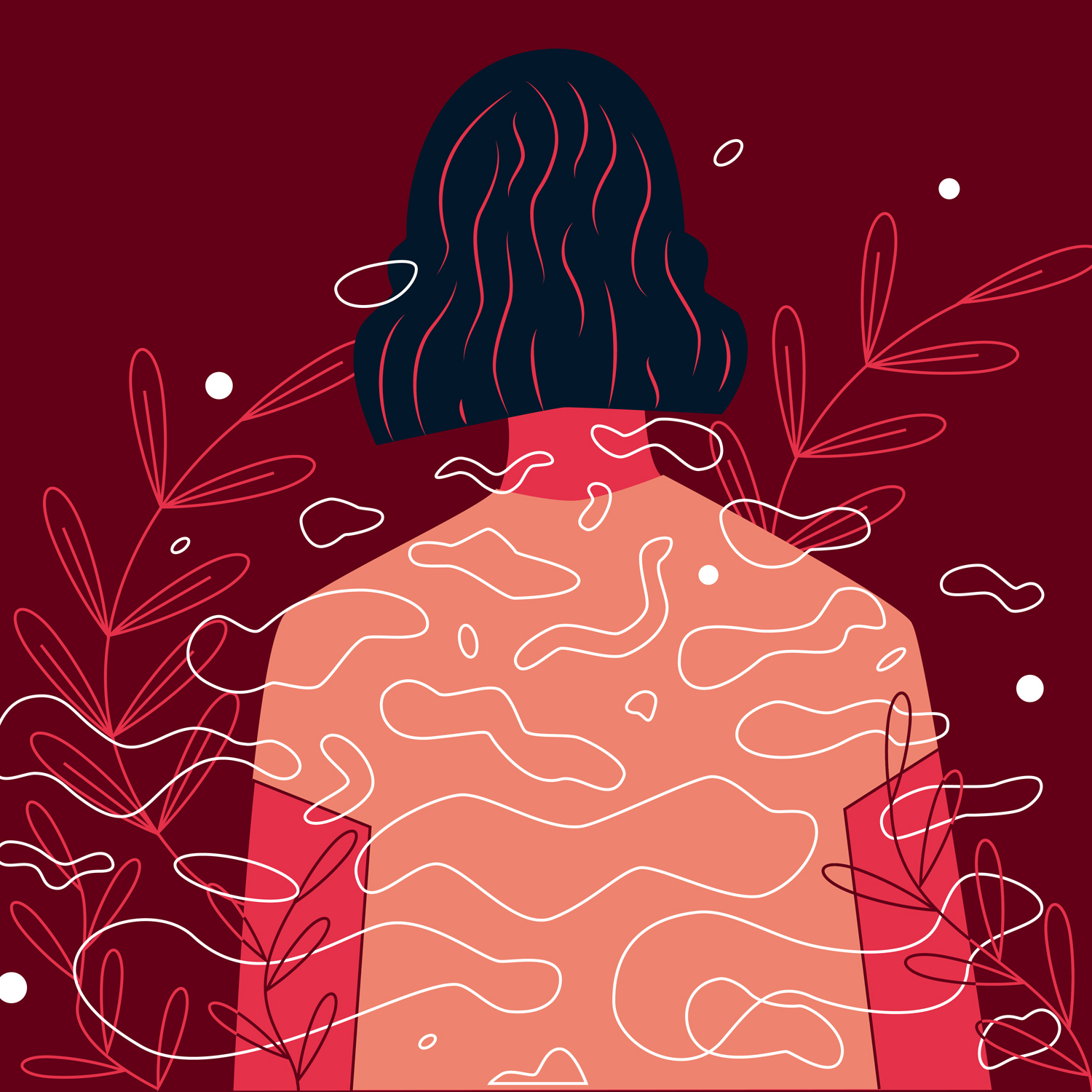 Illustration of a young dark-haired woman standing back to the viewer, surrounded by plants and specks | iammonsie.com