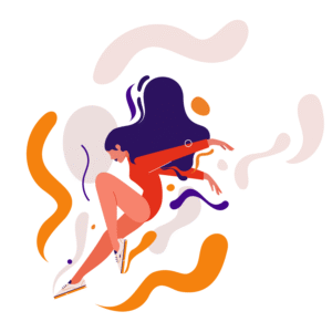 A woman in a red leotard is mid-jump, surrounded by a burst of colorful shapes that convey movement and energy.