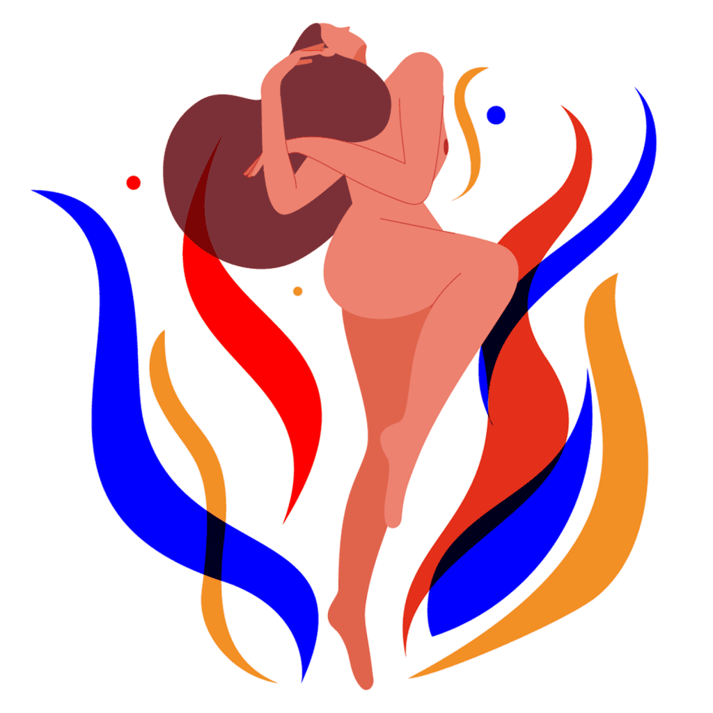 Phoenix is a vector illustration of a nude woman dancing amidst vibrant flames, symbolizing rebirth, resembling a phoenix in her transformation.