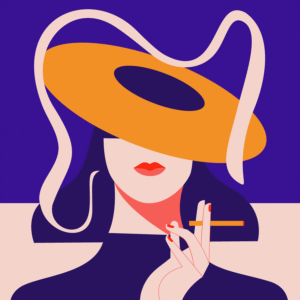 A minimal art drawing of a stylish woman with a yellow hat obscuring her eyes, smoking a cigarette. The background is split in two, with the upper portion in blue and the lower portion in beige.