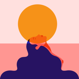 Where the Earth Meets the Sun: minimal symbolic illustration merging earth and water with sun. Conceptual vector art by female illustrator Monsie.