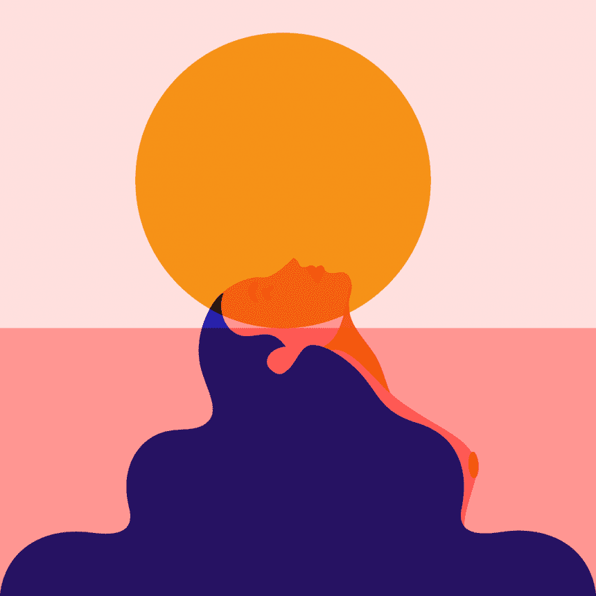 Where the Earth Meets the Sun: minimal symbolic illustration merging earth and water with sun. Conceptual vector art by female illustrator Monsie.