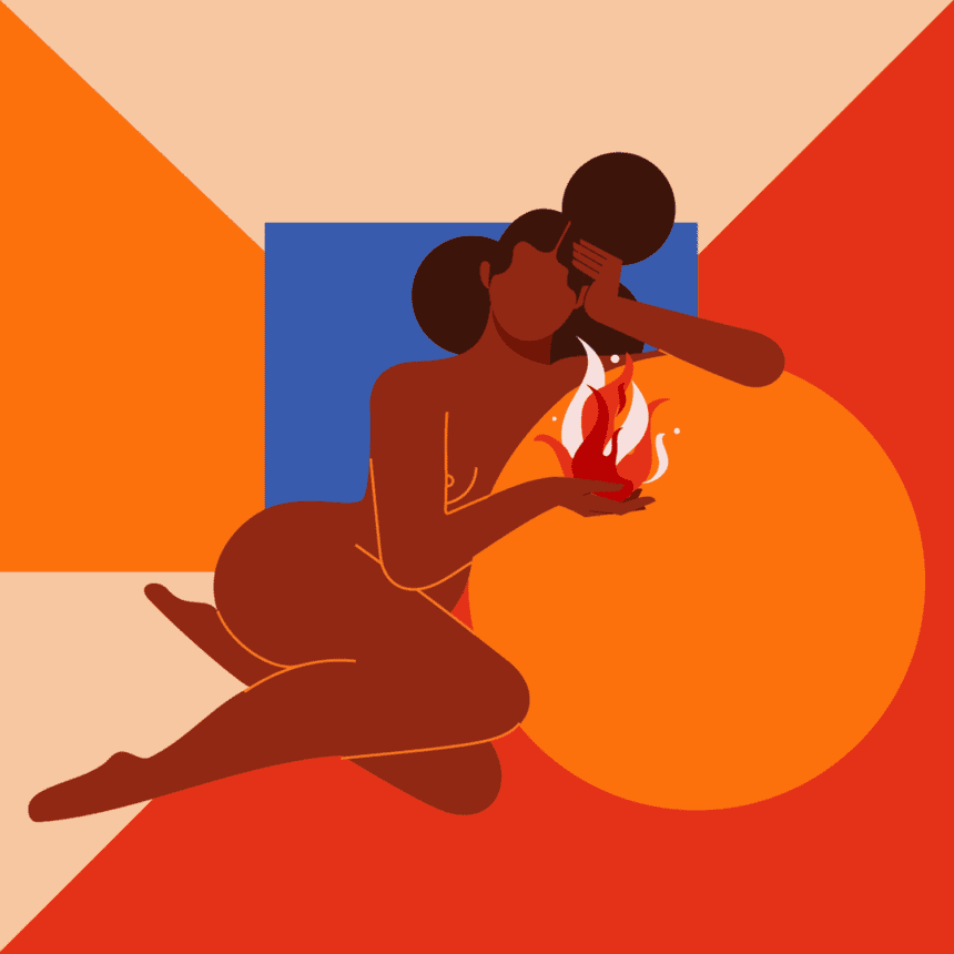 A Black nude woman sits gracefully in an abstract space filled with colorful shapes, holding fire in her right hand.