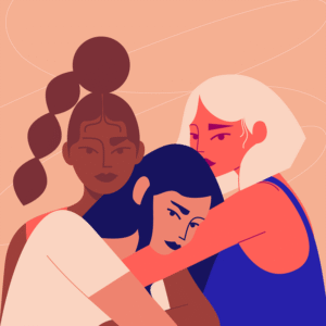 Portrait of three women with diverse skin tones, symbolizing sisterhood and unity.