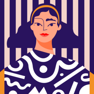A vector illustration of a woman with dark navy short hair and a yellow headpiece, set against a striped background. She wears a top adorned with a funky pattern of wiggly and geometric shapes.