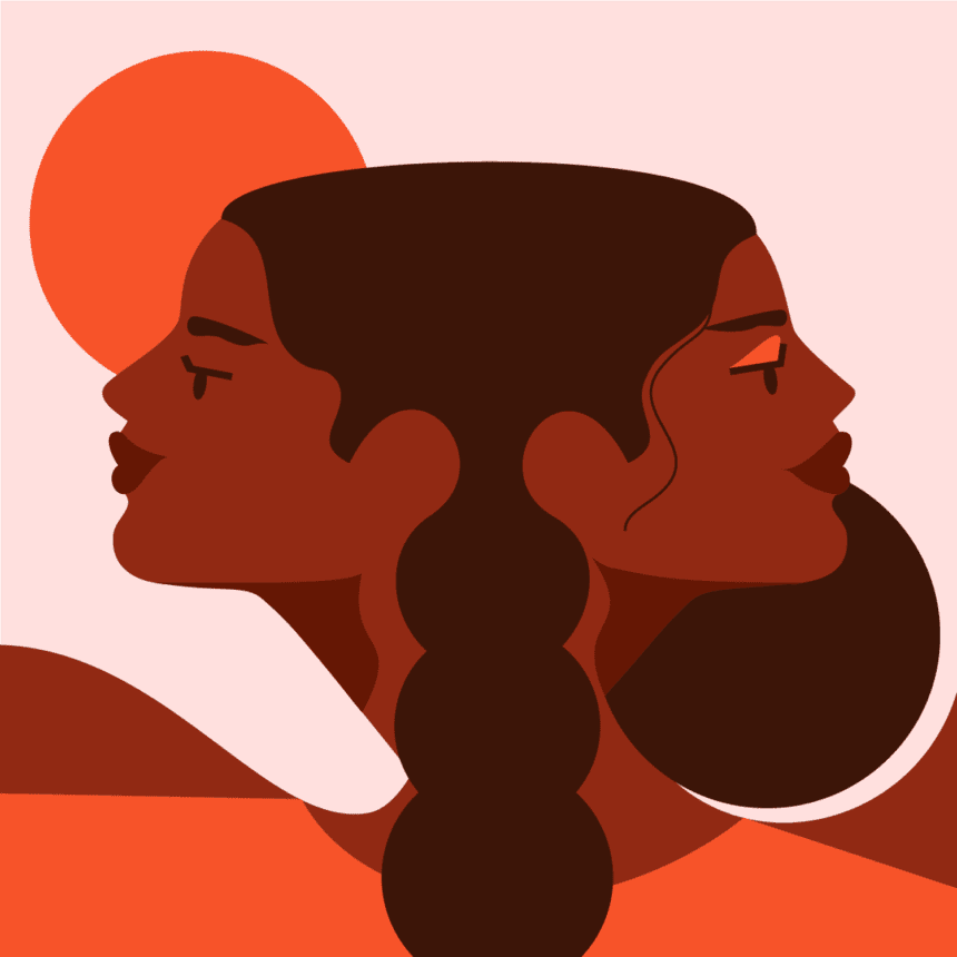 Two women of color intertwine with each other, symbolizing connection and unity, with elements representing dunes and desert surrounding them.