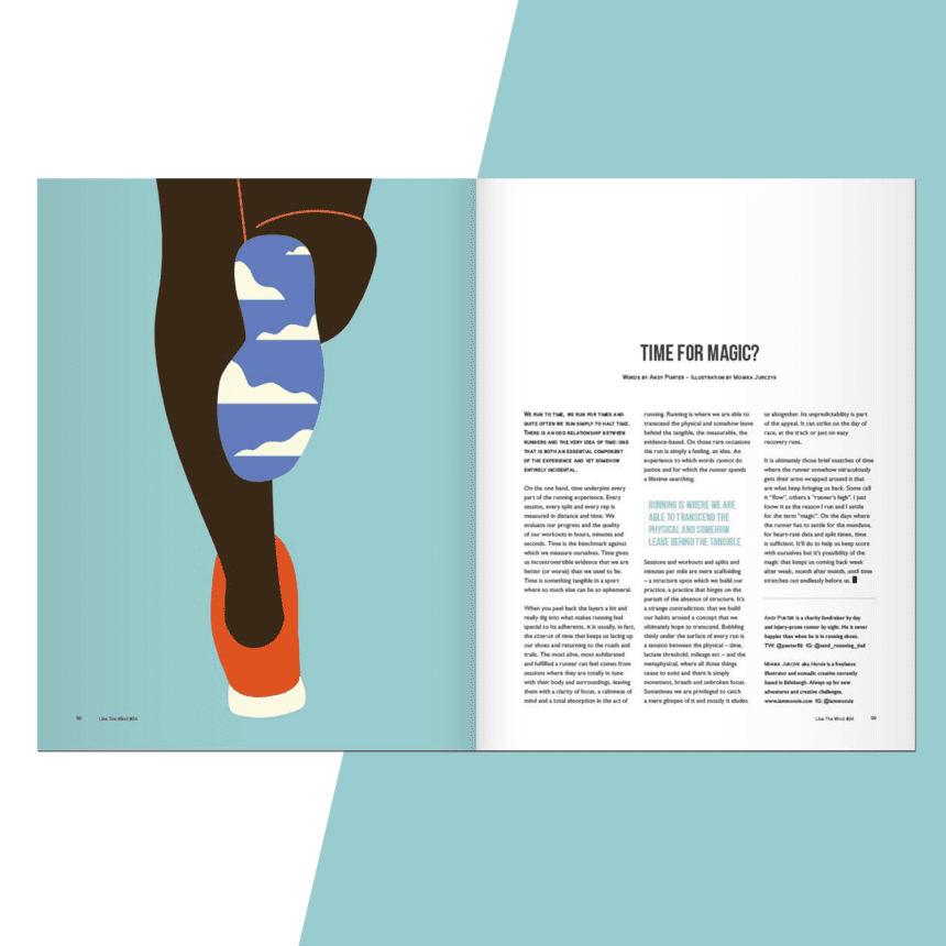 Editorial illustration for "Time for Magic" featuring a runner with brown legs in orange sneakers. The soles of the sneakers depict a blue sky with clouds.