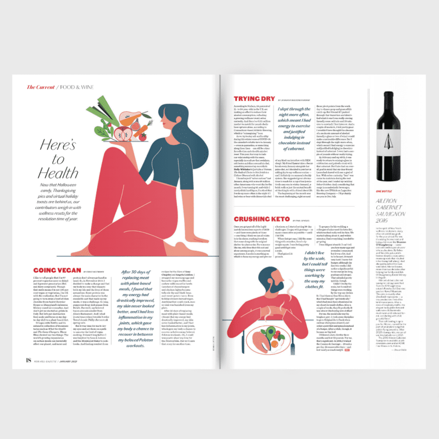 Editorial illustration featuring various healthy foods and diet representations for the Nob Hill Gazette, showcasing colorful fruits, vegetables, and nutritional elements.
