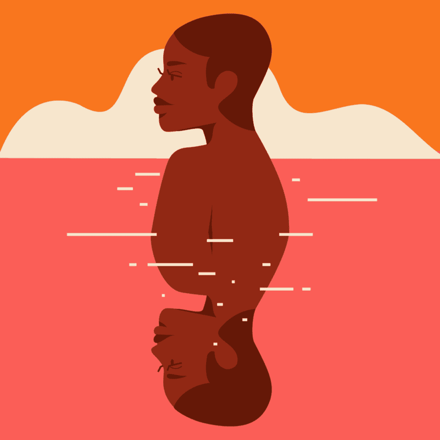 A shorthaired Black woman swimming in the sea of memories. We can see her reflection in calm water.