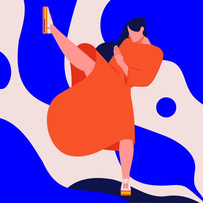 Slay: Empowering character illustration by Edinburgh illustrator. Woman in bold orange and rainbow sneakers delivers a high kick against minimal abstract shapes—vibrant, playful, powerful.