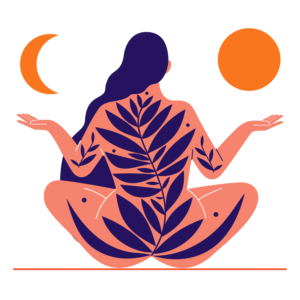 Illustration by Monsie Monika Jurczyk of a stylized woman in a yoga pose, with intricate leaf patterns on her back, holding a crescent moon in one hand and a full sun in the other, against a white background.