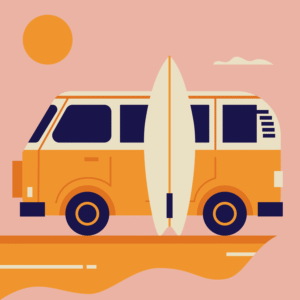 A vibrant illustration of a classic Volkswagen van in pink and yellow, adorned with a surfboard on the roof. The background features a bright sun and waves, capturing the essence of travel life, van life, and wanderlust.