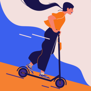 Come through! A girl riding an electric scooter, wearing polka dot socks, with her hair blowing in the wind, creating a dynamic and lively scene.