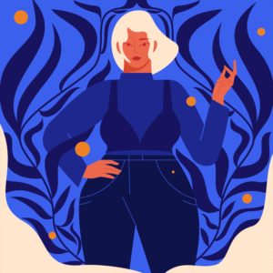 Starting the Week Like: empowerment-themed illustration of a confident woman with dark hair standing in front of large abstract blue leaves, created by artist Monika Jurczyk (Monsie)