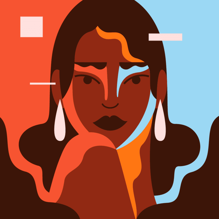 A portrait of a dark skinned woman with off white teardrop shaped earrings. The image consists of colorful shapes. The illustration was done during live drawing session during Adobe Live livestream