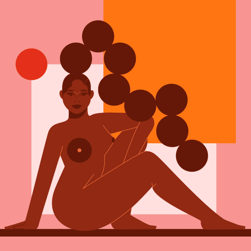 Midweek Nude: Vibrant cubist vector illustration of Black woman celebrating female body. Bold geometric shapes, pink background with yellow and red accents.