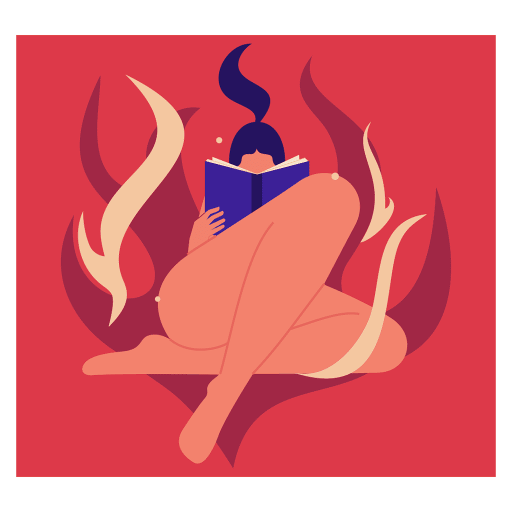 Woman reading and getting aroused, sitting in flames