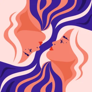 Gemini or the twins. Illustration of identical twins with white hair facing each other against a royal blue background. The design suggests a yin and yang concept, emphasizing movement and fluidity in their poses. The twins appear harmonious and homogeneous in appearance.