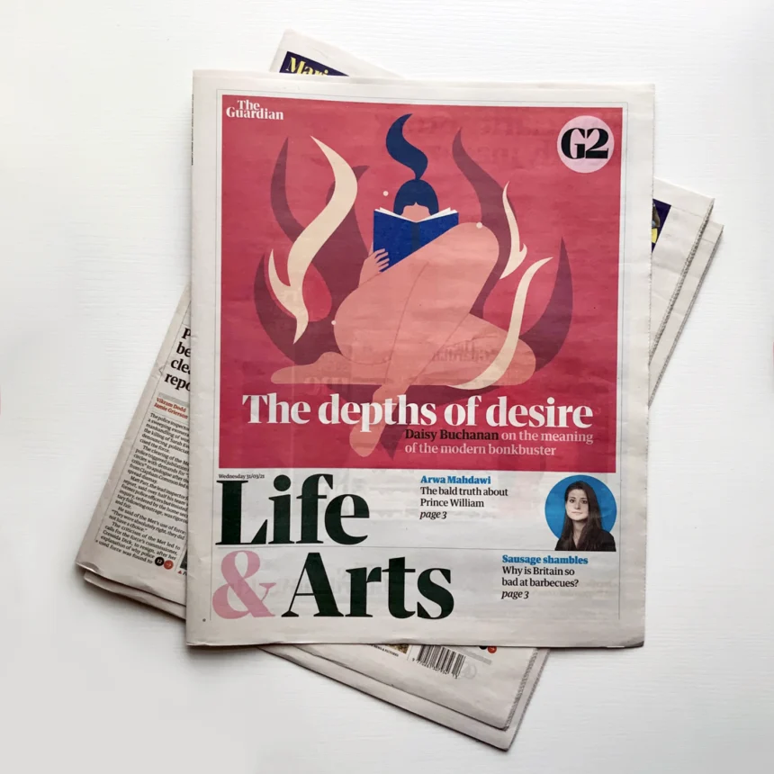 The Depths of Desire G2 Guardian cover illustration by Monsie on female desire and sexuality. Bold editorial vector art.