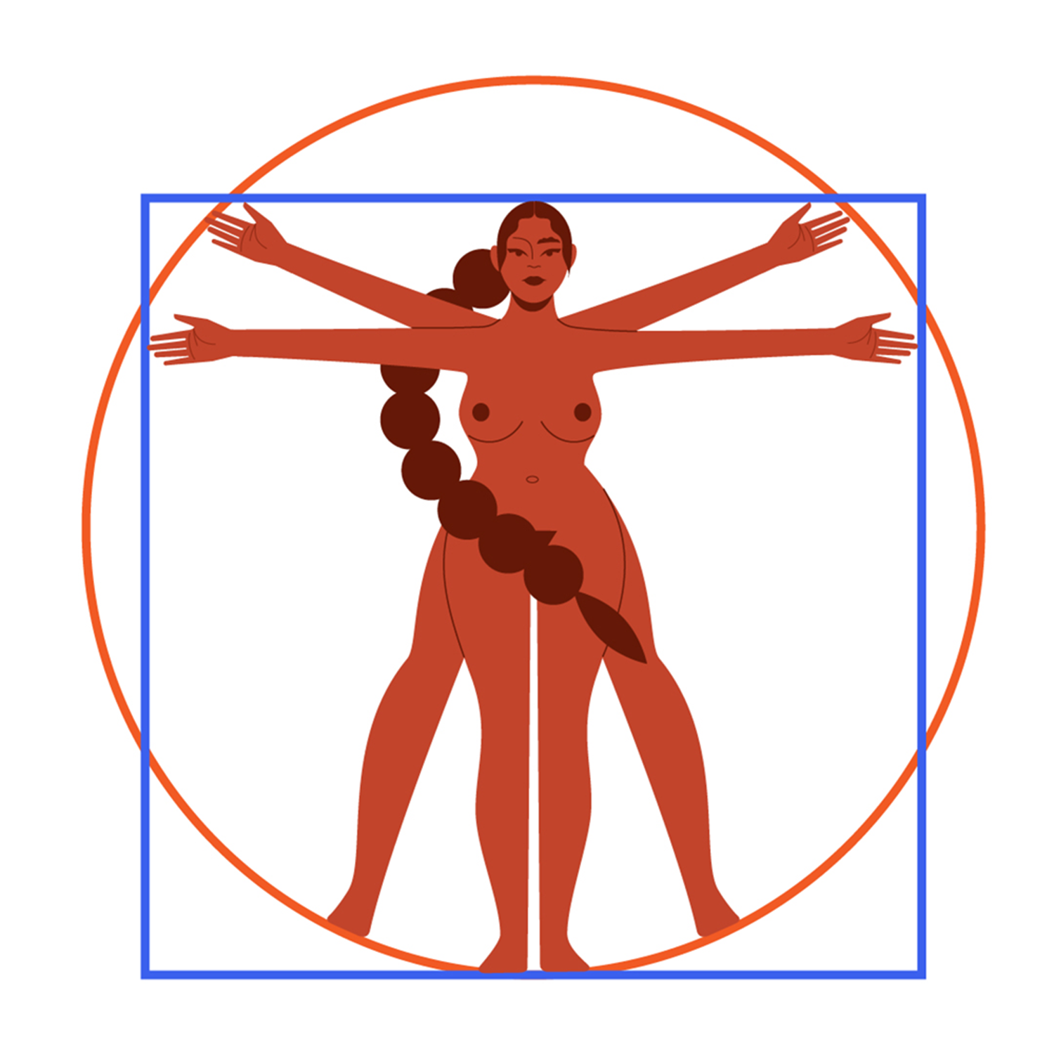 Donna Vitruviana. Contemporary Vitruvian figure illustration with woman in geometric circle and square frame representing body positivity.