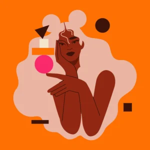 Balance, dark sinned woman with strawberry hair holding geometric figures like circle, square, rectangle and triangle on her index finger.