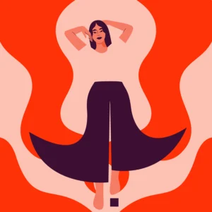 Flow: character design by Monsie celebrating female confidence, empowerment, and being in the zone. Bold vector illustration of powerful woman.