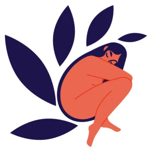 Creation, minimal vector illustration of a young woman curled up in a fetal position, sleeping, dreaming and forming universes. Concept on the action or process of bringing something into existence.