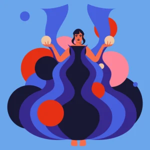 Vector illustration of a woman in a flowing blue and purple dress, holding white orbs in both hands. She is surrounded by large colorful circles against a light blue background.