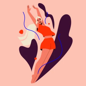 Rise and Shine: vector illustration of a young woman jumping in red pajamas, by Monsie, Monika Jurczyk. Bold character design and minimal digital art