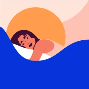 Dreamwaves illustration of a serene woman sleeping under a glowing orange sun, surrounded by flowing blue waves symbolizing brain waves, rest, and peaceful sleep cycles.