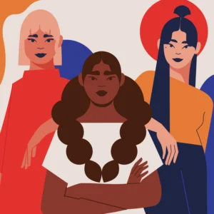 Bold vector illustration of diverse women standing together, representing sisterhood, empowerment, and inclusivity