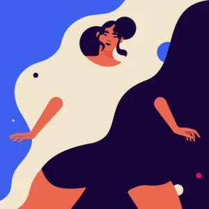 Abstract vector illustration titled "Presence" by Monsie Monika Jurczyk, showing a woman’s face emerging from an organic shape on a vibrant blue and cream background