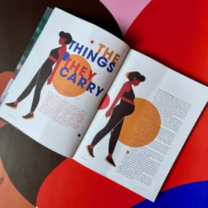 Taboo No More: Women’s Reproductive Journey Editorial Illustration. An open magazine displaying a double-page spread featuring an illustration of a female runner. The runner is shown in two phases: one with a non-pregnant figure and the other with a pregnant figure. The text "The Things They Carry" is prominently displayed, with vibrant circular patterns in the background.