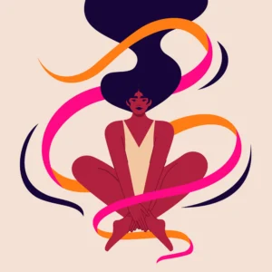 Harmony vector illustration of a meditating woman in lotus pose, with long flowing hair and vibrant pink and orange ribbons, symbolizing balance and energy.