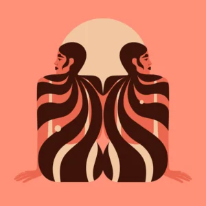"Doubled Duo" abstract illustration: two mirrored female figures with flowing wave patterns representing duality and balance