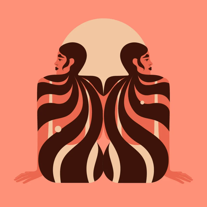 "Doubled Duo" abstract illustration: two mirrored female figures with flowing wave patterns representing duality and balance