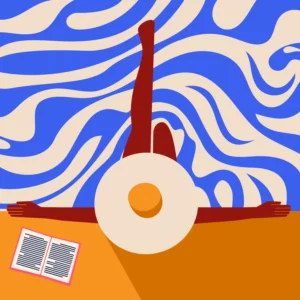By the Pool: illustration of a woman relaxing by a poolside with an oversized sun hat and an open book, her legs playfully raised, against a vibrant background of abstract blue and beige wavy patterns.