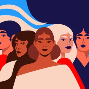 Fierce, Fearless, and Fabulous is an editorial illustration of five empowered women in bold colors and minimal style, symbolizing diversity and unity in a modern, expressive composition.