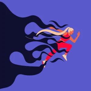 Illustrated depiction of a female runner with long blonde hair in motion, wearing a red sports outfit, with abstract dark shapes trailing behind her on a blue background.