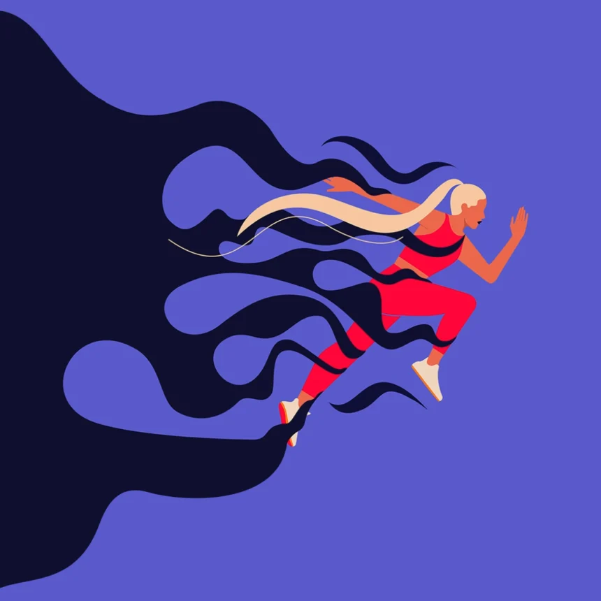 Illustrated depiction of a female runner with long blonde hair in motion, wearing a red sports outfit, with abstract dark shapes trailing behind her on a blue background.