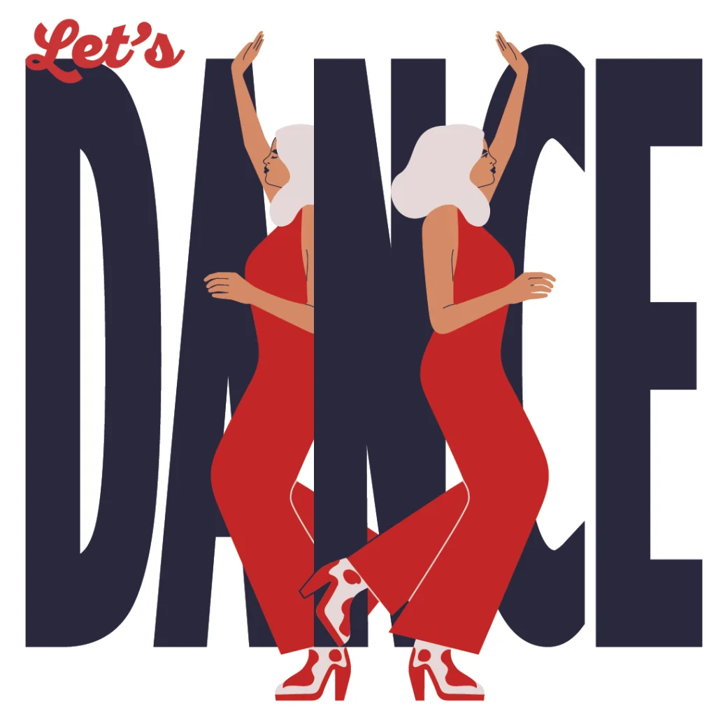 Two women dancing in red jumpsuits with raised arms, bold DANCE typography, vector illustration