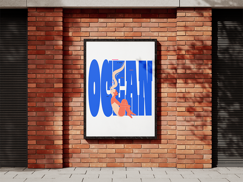 Illustration with typography poster displayed on brick wall: Woman with flowing hair integrated into bold blue OCEAN letterforms in conceptual vector illustration inspired by water and natural movement