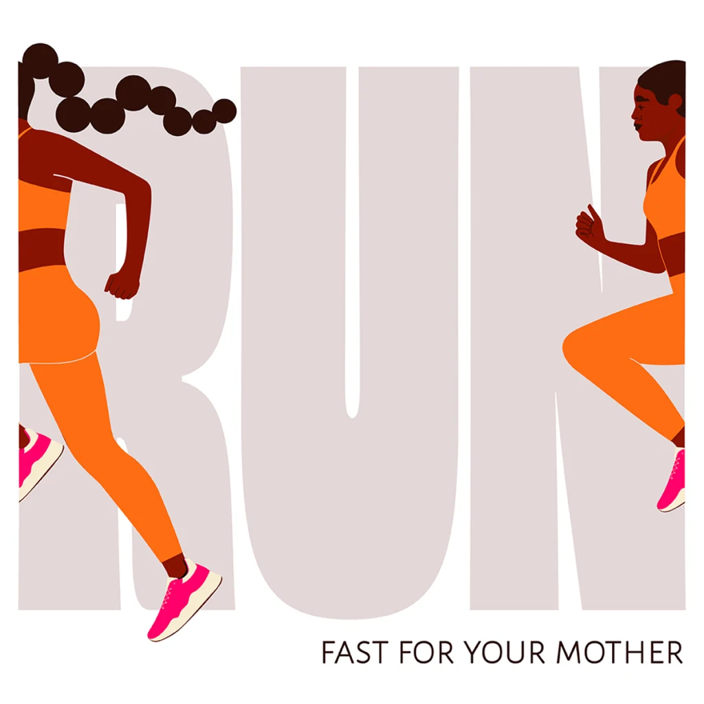 Two Black women running through RUN letterforms in orange athletic wear, playful typography illustration