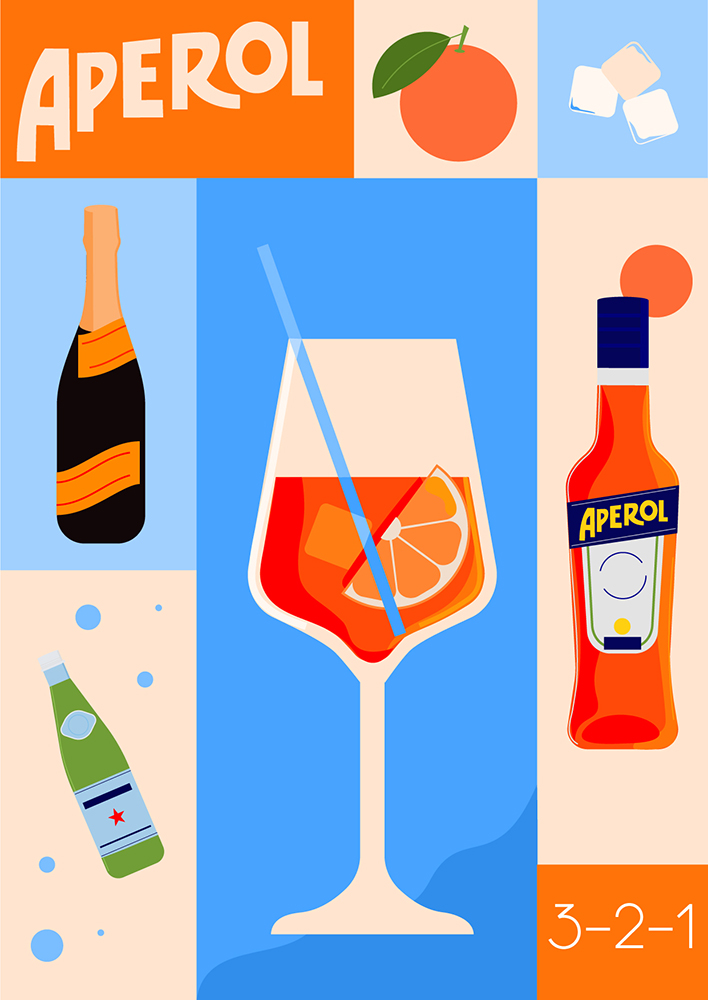 Aperol Spritz 3-2-1 Rule brand campaign illustration by Edinburgh-based illustrator Monsie. Bold vector advertising art featuring vibrant colors and playful design for beverage brands.
