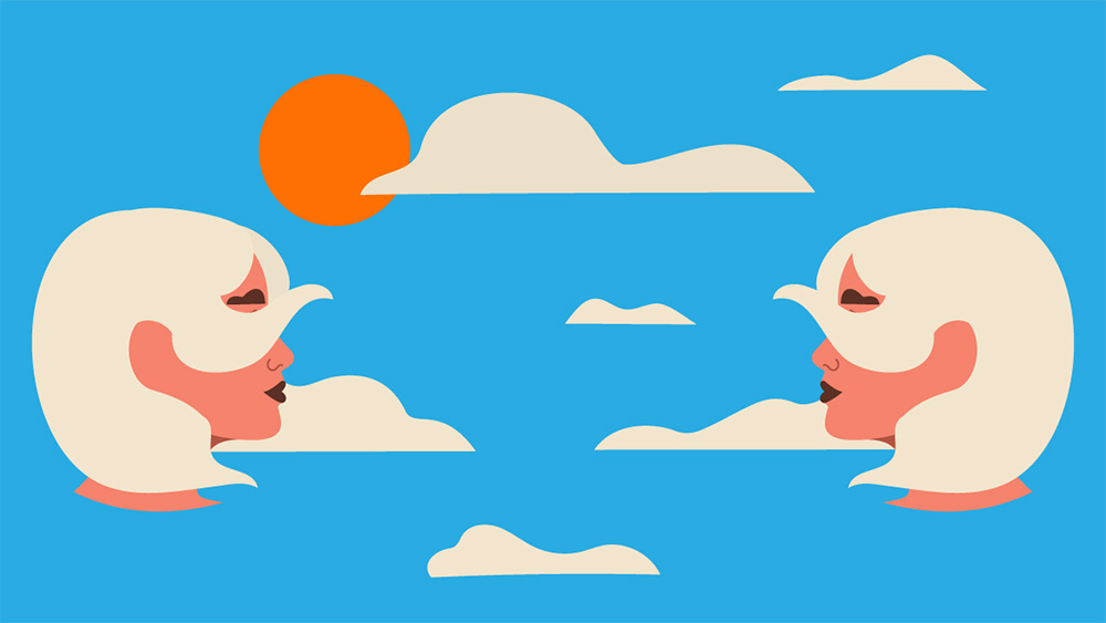 Two women’s faces blending with abstract cloud-like forms in a minimal vector style; Harvard Business Review illustration by Monsie on AI anxiety at work.
